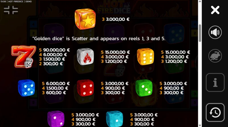 Hot Fire Dice - jadual pembayaran dengan Wild tambahan