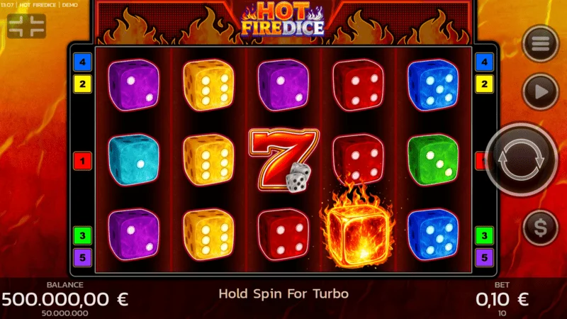 Hot Fire Dice - skrin permainan dengan angka tujuh yang membakar